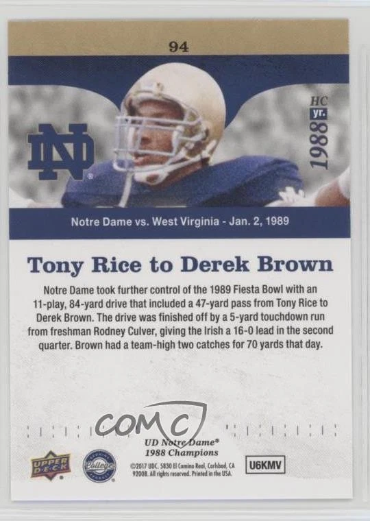 2017 Upper Deck Notre Dame 1988 Championship Gold Tony Rice to Derek Brown #94 - Image 2 of 2