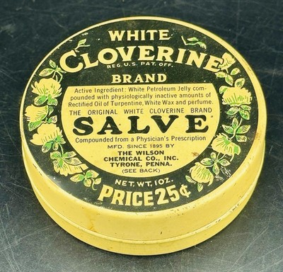 Vintage c1930s White Cloverine Brand Salve Tin Advertising PA, USA Can 70% FULL