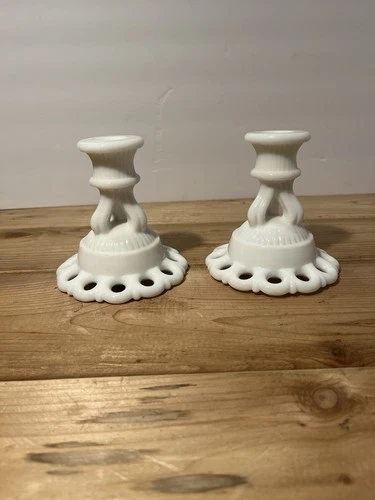 Vintage Pair ~ Westmoreland Milk Glass ~ Doric Lace ~ Candlestick Holders
