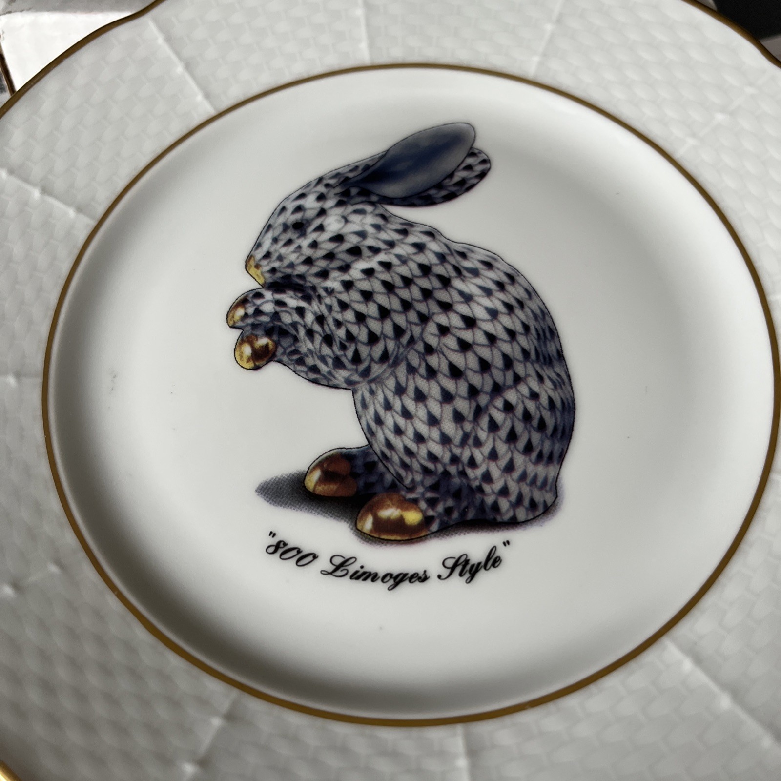Vintage Herend Blue Fishnet Bunny Rabbit Email Limoges Décor Plate 5.75" EUC