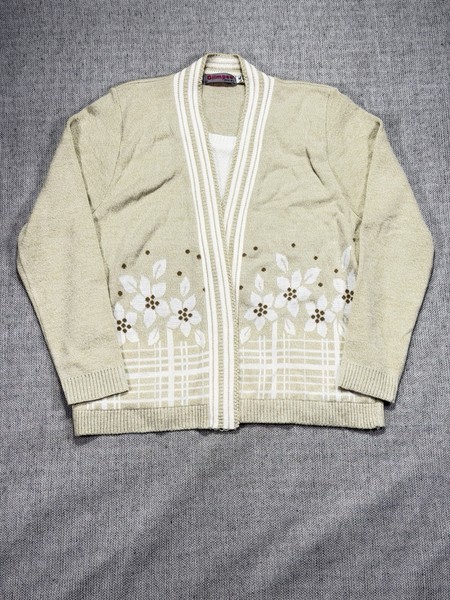 Glimpse Design Women’s Beige Floral Knit Cardigan Jumper Size L/XL Vintage Style