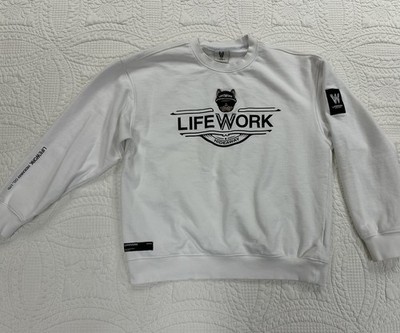 Korean Streetwear Sweatshirt Men s L White Embroidered Lifework Hideaway Hip
