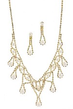 81b 3pc Bridal Gold Plt Faux White Pearl  Crystal Rhinestone Necklace Set