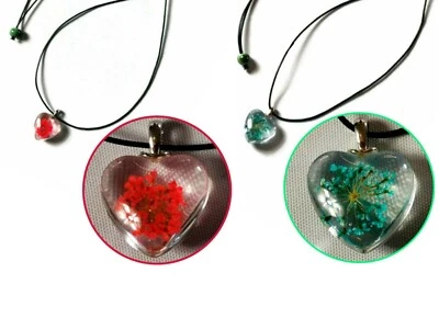 Halskette mit Blaue Rote Blüte Blume im Glas Herz Anhänger Natur Modeschmuck - Bild 1 von 3