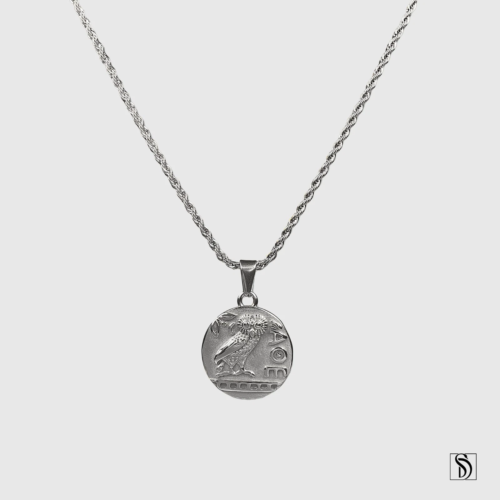 Collier pendentif hibou d'Athéna en argent, symbole de sagesse en acier inoxydable 18 carats premium