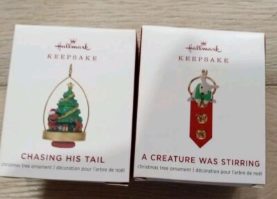 Hallmark Keepsake Miniature Ornament Chasing His Tail & A Creature Was Stirring 