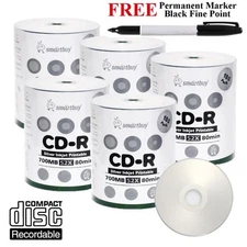 500 Smartbuy 52X CD-R Silver Inkjet Hub Printable Disc + Black Permanent Marker
