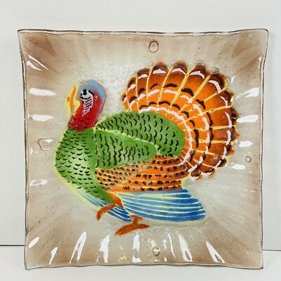Folio Fused Art Glass Plate Turkey Thanksgiving Signed 8 in