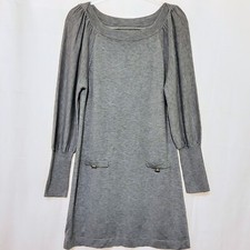 Vince Camuto Wmn's Light Gray Knit Dress Bishop Sleeves Size M Faux Pockets 