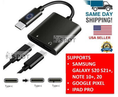Charger and Headphone 2 in 1 USB Double Type C Aux Audio Cable Cord Adapter Bla