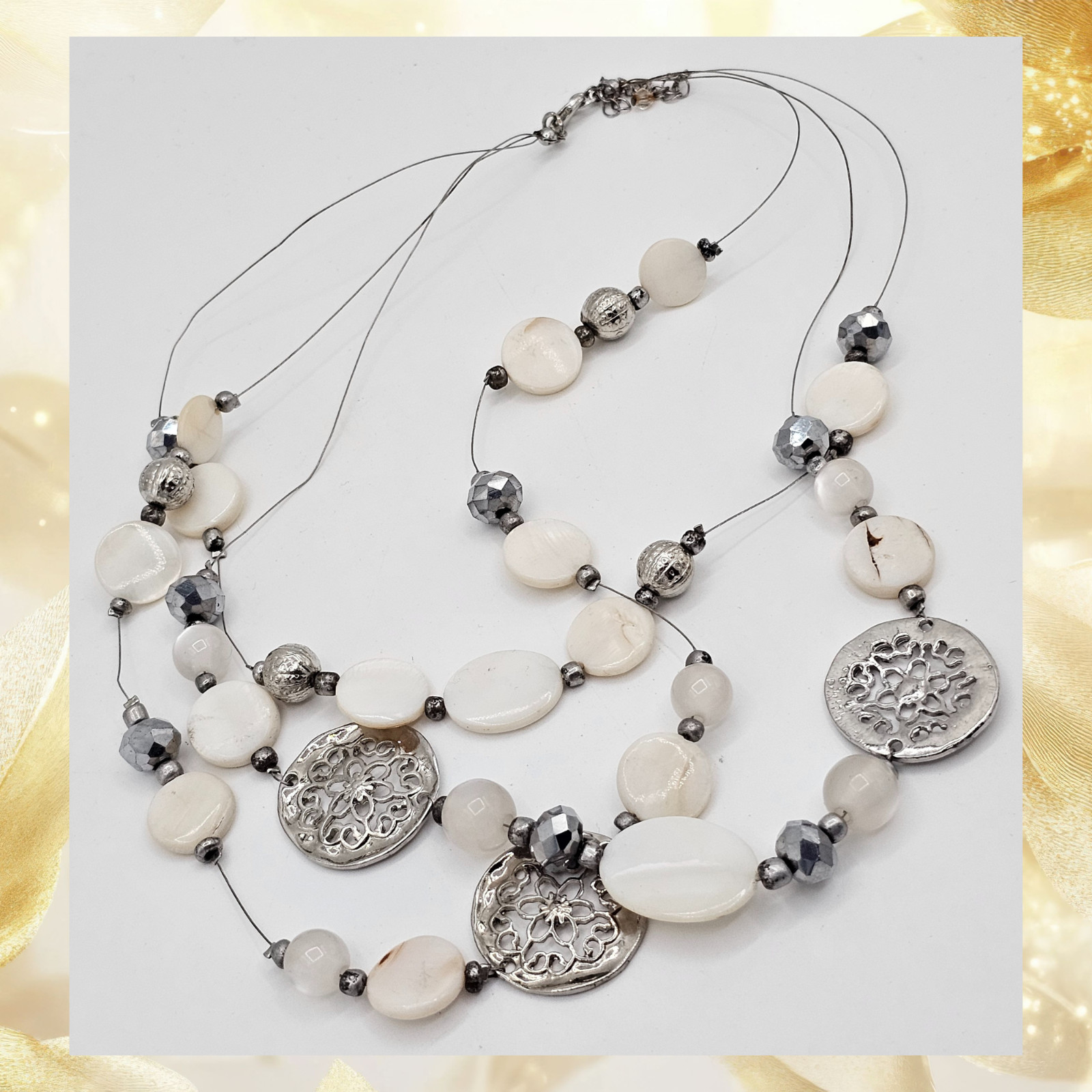 Multi Strand Shell Beaded Statement Necklace Silv… - image 3