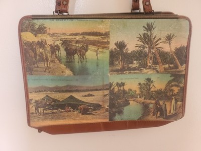 JAMIN PUECH PARIS BROWN LEATHER MULTICOLOR CANVAS POSTCARD SHOULDER BAG PURSE