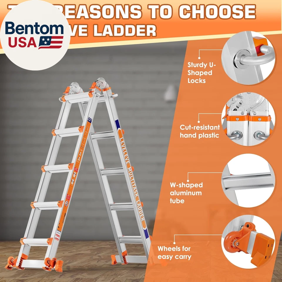 a 框架 6 步梯,22 英尺加长梯带稳定杆和轮子,330 磅 — 第 3/4 张图片