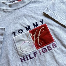 Vintage Tommy Hilfiger USA Made T Shirt XL Embroidered Big Logo Gray 90s