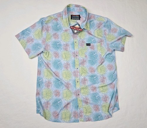 Burlebo Shirt Mens Large Blue Mayan Short Sleeve Performance Button Up NWT