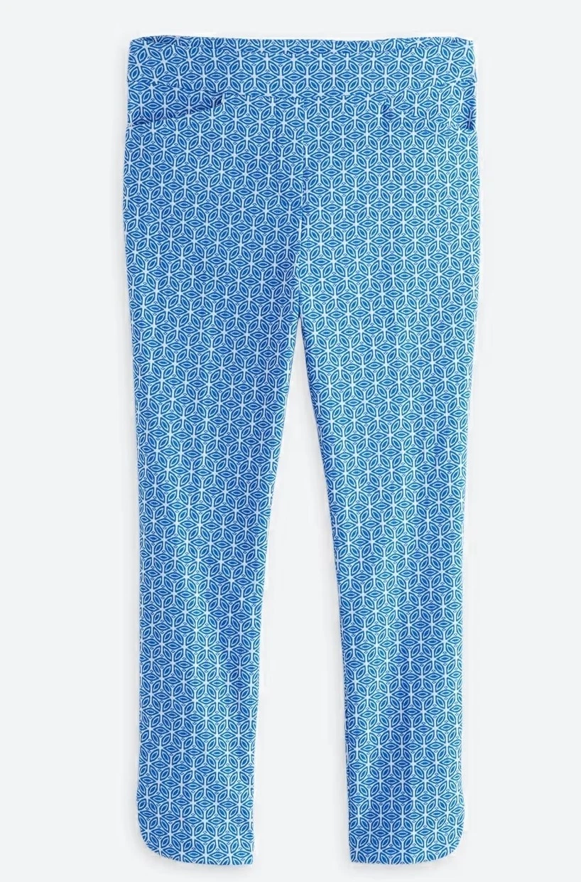 Size 8 Tribal Riviera Capri Pants Abstract Blue White Print Rounded Slit On Hem