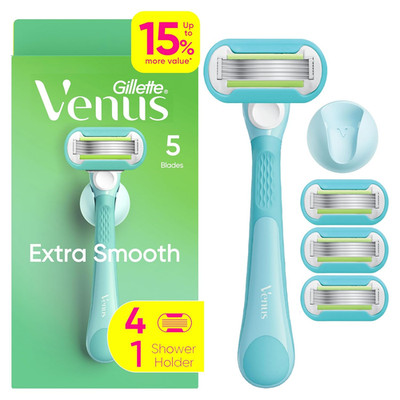 Extra Smooth Razor for Women, Includes 1 Reusable Razor Handle + 4 Refills, 5-Bl