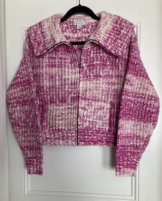 Sundance Marled Knit Zip-up Cardigan Sweater Cherry White Wool Blend Cropped M