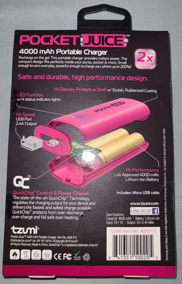 Tzumi Pocket Juice hot pink portable charger 4000 mAh, rechargeable QuickChip - Image 2 of 4
