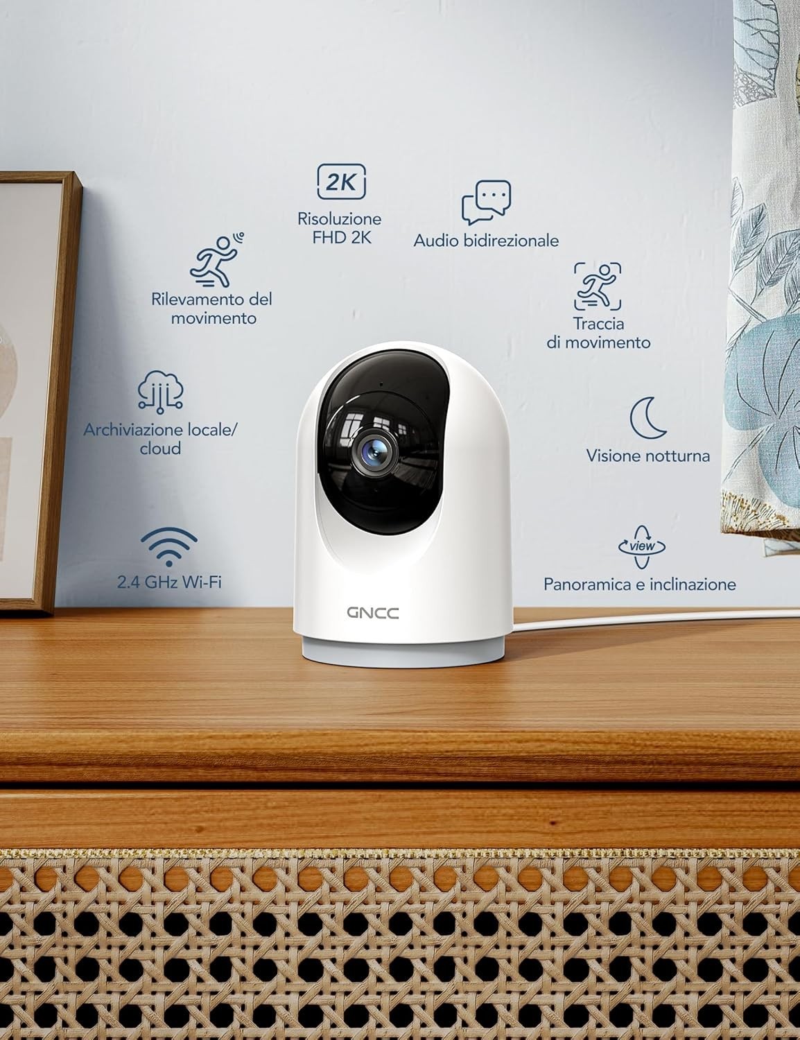 GNCC Telecamera WiFi Interna 2K – Rotazione 360°, Rilevamento Movimento AI, Audio Bidirezionale, Visione Notturna, Compatibile Con Alexa