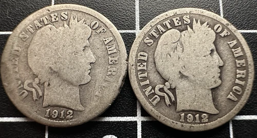 1912-D 1912-P Lot of 2 Barber Dime 10C 90% Silver Avg Circulation AG