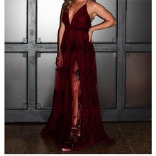 Windsor Burgundy Lace Maxi Dress S Deep V Prom Formal Wedding Guest Sexy