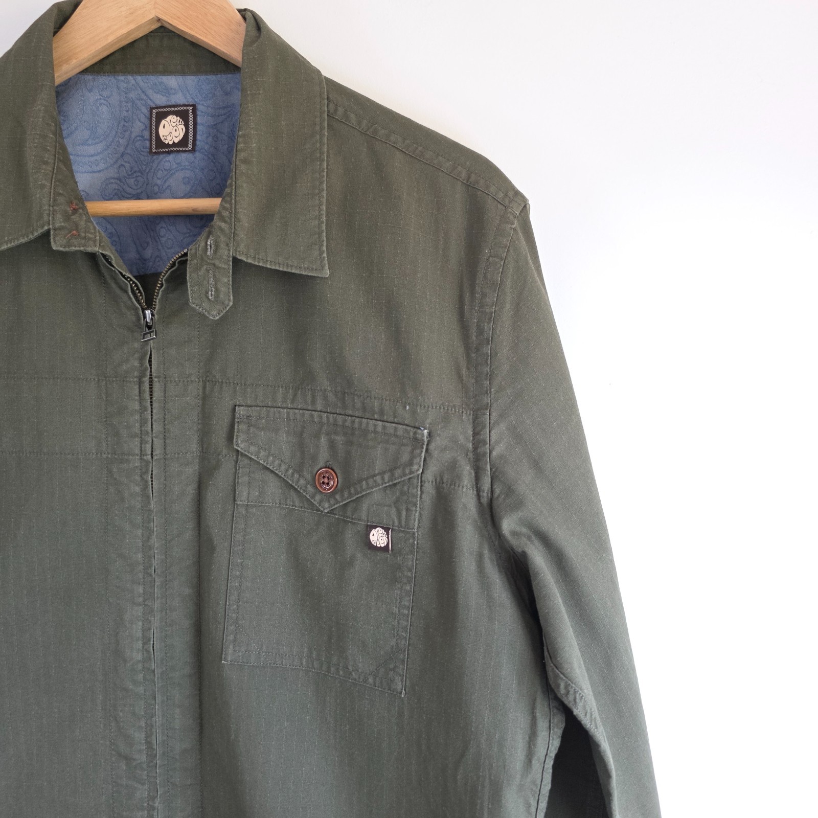 Pretty Green Olive Green Long Sleeve Shirt Mens Approx M Cotton Mod Casual image 2