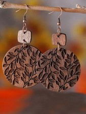 Round Wooden Leaf Dangle Earrings Vintage Autumn Style For Women