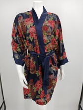 Vintage Victoria  s Secret Floral Paisley Kimono Robe Navy Satin Trim L/XL