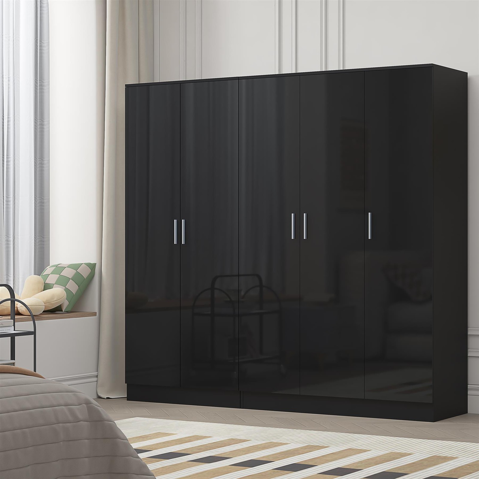 REFLECT Black Gloss Wardrobe Bundle - 3dr Plain + 2 Door Plain - Black / Black