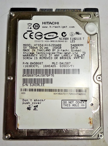 HITACHI ***HTS541616J9SA00*** 160 GB *** SATA HDD Notebook 2,5 Zoll #NFP1390