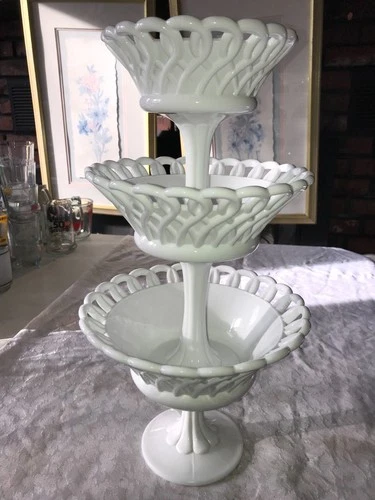 Set /3 RARE Vintage FENTON STYLE Milk Glass PEDESTAL Stacking COMPOTE Lace/Loop