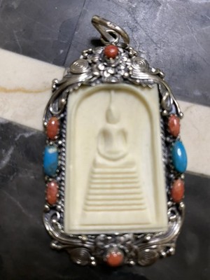 Vintage Sterling Silver, Thailand Ivory Buddha, Coral , Torquise Stone