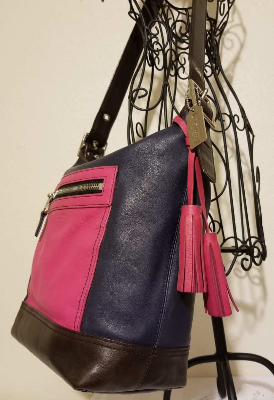 COACH VINTAGE Hot Pink Navy Brown LEATHER SHOULDER BAG N. H1294-19995 HANDBAG image 3