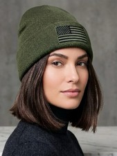 New American Flag Green Beanie Embroidered USA Patriotic Cuffed Winter Knit