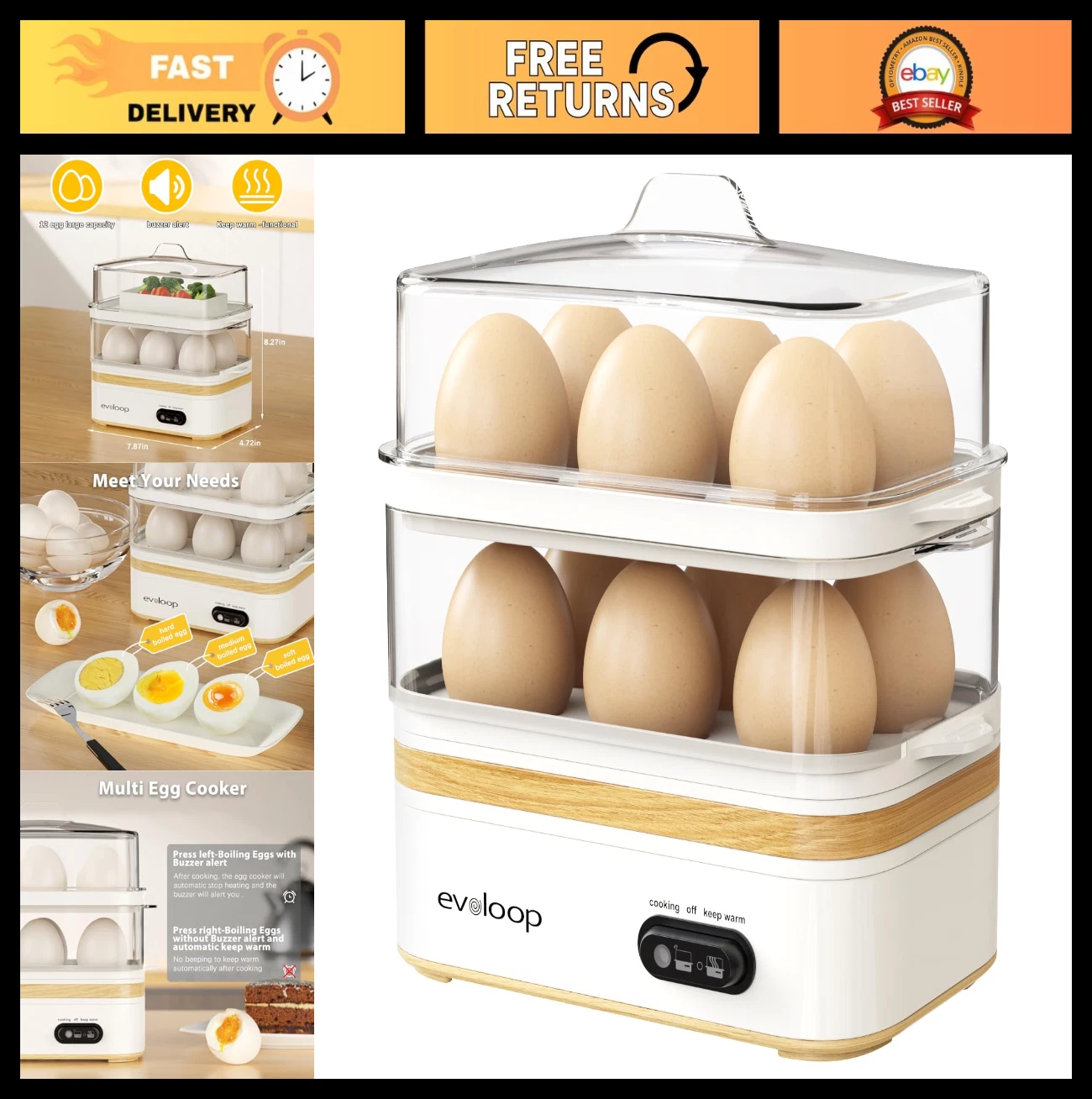 Electric Egg Cooker for 12 Eggs - Soft, Medium, Hard Boiled, Poached, Omelet Mak
