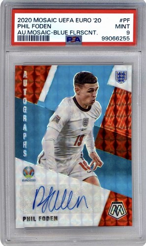 2021 Mosaic UEFA Phil Foden PSA 9 Blue Fluorescent Prizm Autograph SSP #2/3 Auto