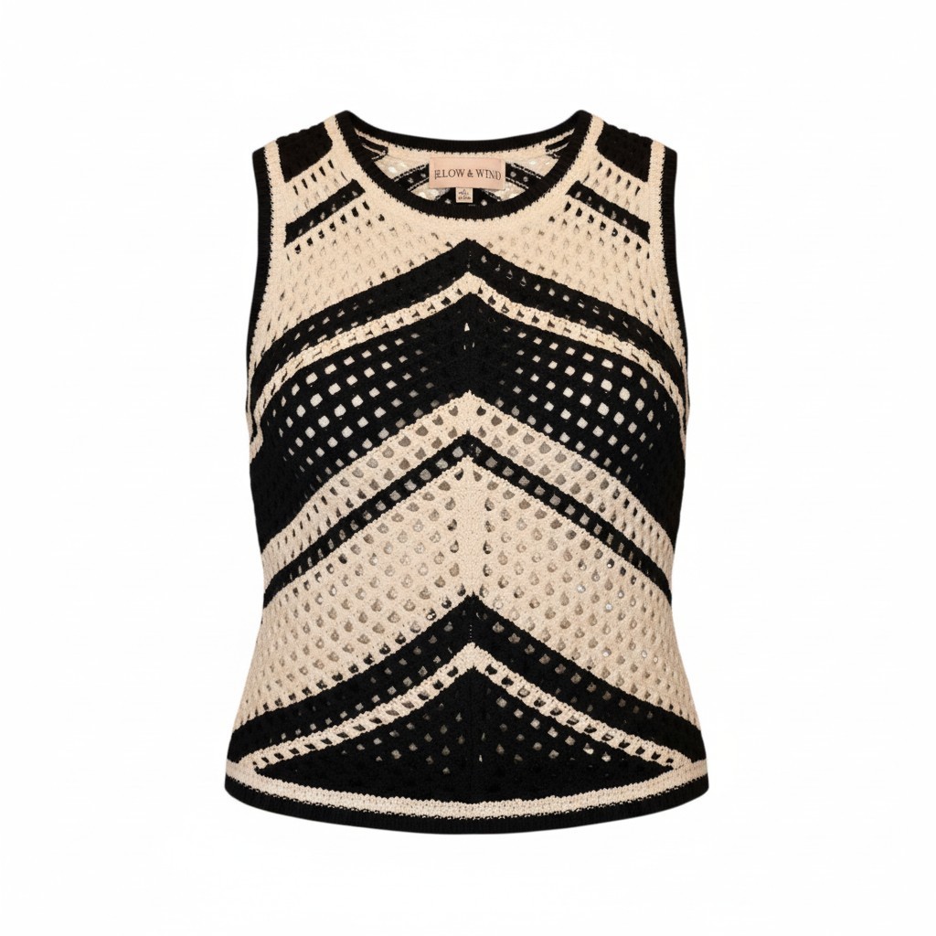 Willow & Wind Black And WhiteCrochet Knit Sleeveless Sweater Top Chevron Size M
