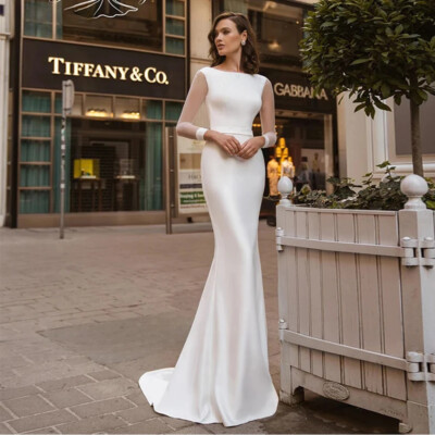 Simple Mermaid Wedding Dresses Scoop Sleeves Long Sleeved Satin Bridal Gowns  | eBay