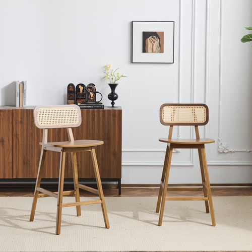 Set of 2 Bar Stools 26.25"Counter Height Wood Pub Chairs Barstools W/Rattan Back - Picture 2 of 12