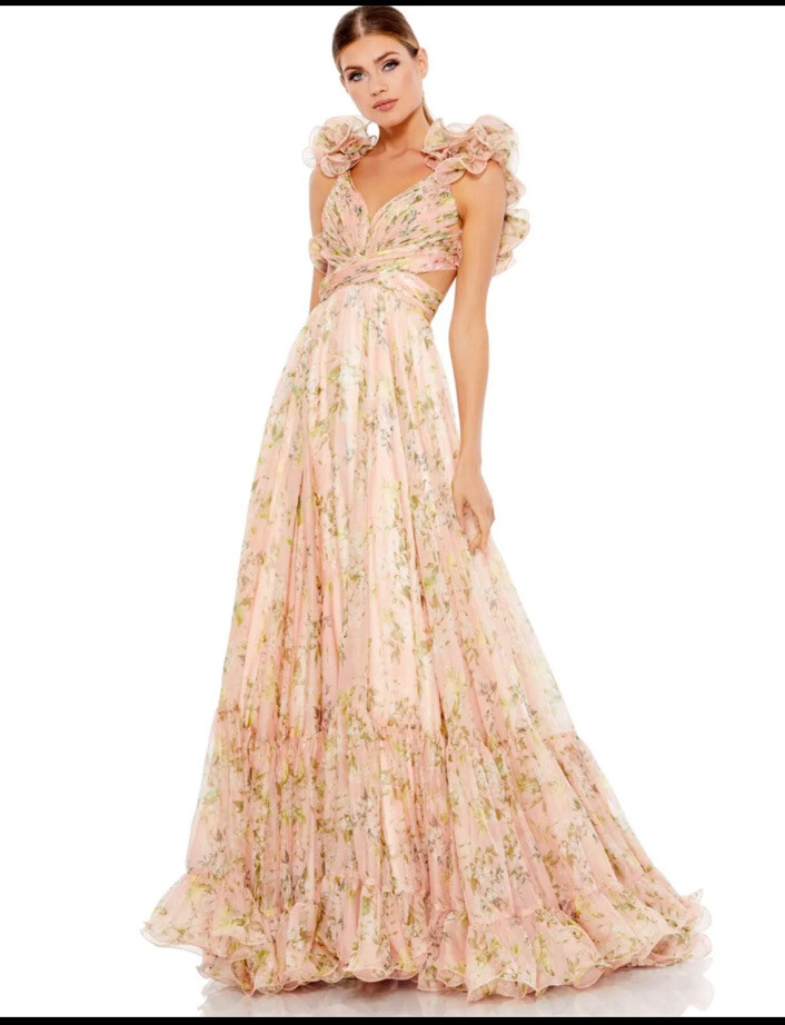 MAC DUGGAL Ruffle Tiered Floral Cut-Out Chiffon Gown/Dress (size 4)