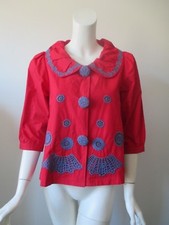 Anthropologie Hazel Red Blue Embroidered Hobo Big Button Cropped Jacket S