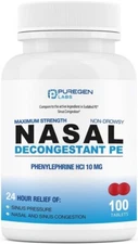 Puregen Labs Nasal Decongestant Phenylephrine HCl 10 mg 100 Tablets Exp 6/26