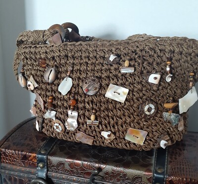 Cappelli Straworld Crocheted Straw Purse Brown/Seashells/Beads