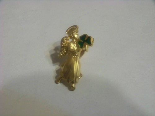 Angel with Clover Shamrock Tie Tack Pin Jewelry Gold Tone Avon Irish Lucky - Picture 2 of 3