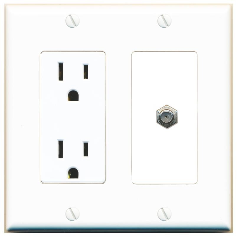 2 Gang 15A Duplex Outlet with Coax Cable TV Coupler Wall Plate