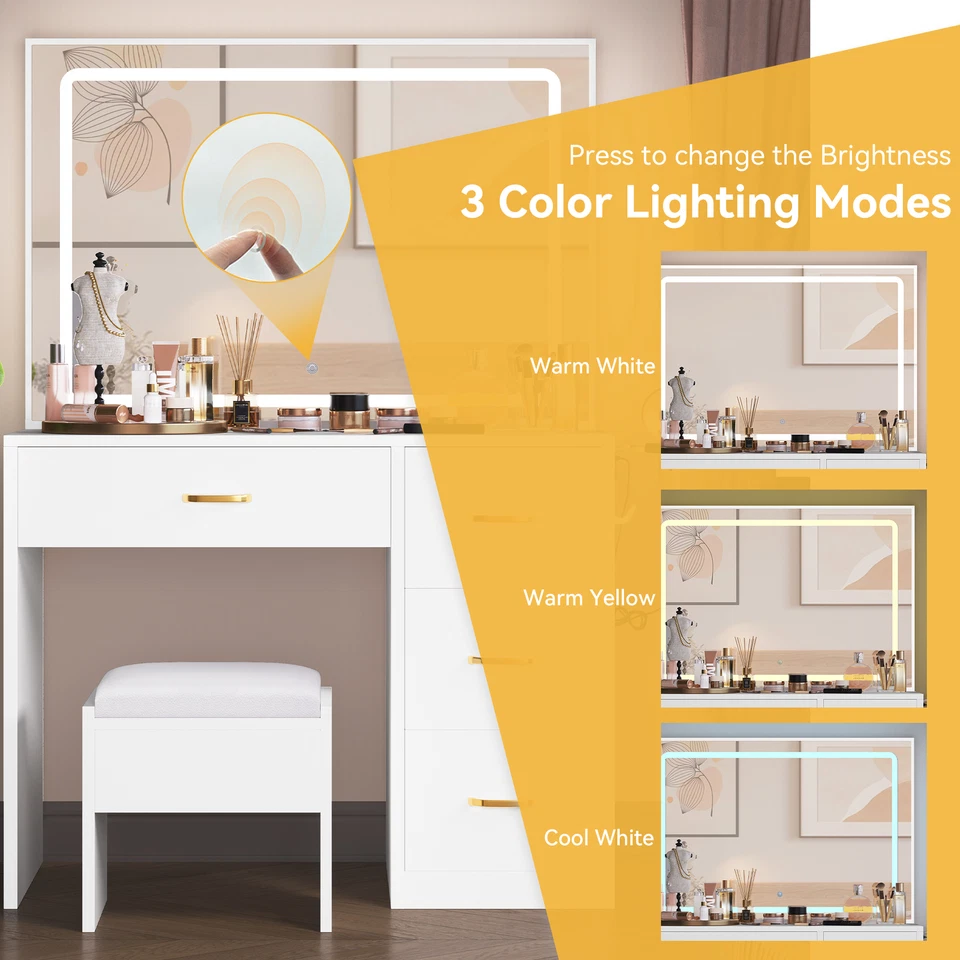 Juego de Tocador con Luces Led Maquillaje Escritorio Tocador Mesa de Escritorio con 4 Cajones Foto 4 de 4