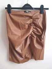 Missguided Tan Faux Leather Ruched Mini Skirt UK10 EU38 US6 Stretchy Side Split