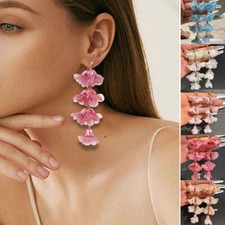Boho Women Handmade Cloth Flower Long Drop Dangle Earrings Evening Party Jewelry