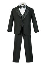 Toddler Boys Tuxedo suit 5pc set coat,satin pattern vest,pant,shirt,Bow tie